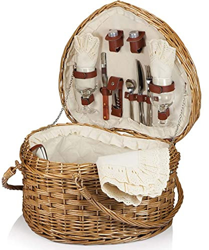 BASII Herzförmiger Picknickkorb, Korbkorb-Sets, 2-Personen-Set mit doppelten Schaukelgriffen für Picknick, Camping, Paargeschenke – Herzform (1)