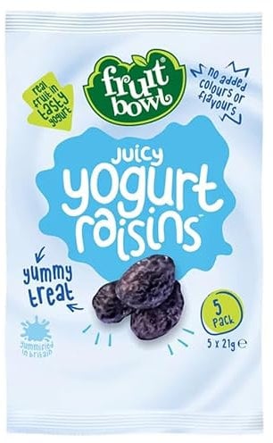 Fruit Bowl Juicy Yogurt Raisins 5x21g | Gluten free | Real fruit in tasty yogurt | Vegetarian Society Approved