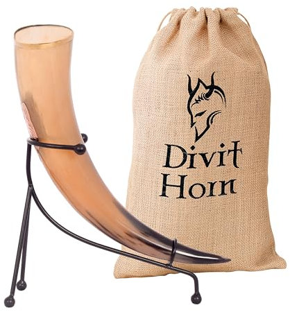 Corno da bere originale vichingo Divit con supporto in con | Autentico corno da birra medievale | Decori in ottone e sacchetto regalo in lino inclusi. (Dog, Polished)