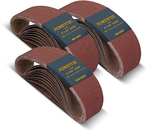 POWERTEC 110091 4 x 24 Inch Sanding Belts | Aluminum Oxide Belt Sander Sanding Belt Assortment, 10 Each of 60 80 120 Grits | Sandpaper for Oscillating Belt and Spindle Sander – 30 Pack