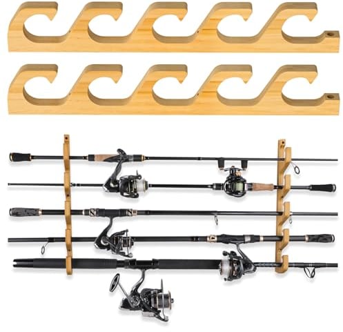 PLUSINNO WH5 Horizontal Fishing Rod/Pole Holders for Garage, Wall or Ceiling Mounted Rack, Solid Wood Fishing Rod Holder Holds up to 5/10/20 Rods or Combos Fishing Gear, Gifts for Men