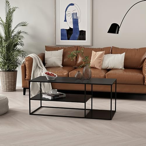 [en.casa] Couchtisch Solund Beistelltisch Metall Schwarz matt Wohnzimmertisch mit Stauraum 120 x 50 x 50 cm Sofatisch rechteckig Kaffeetisch