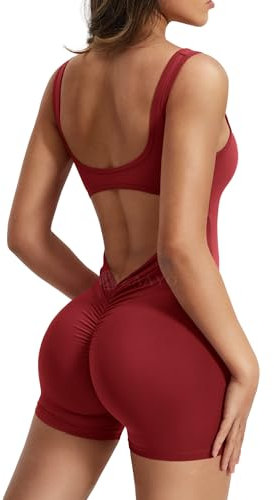 ZAAYO Damen Workout Jumpsuits Shorts Sexy Backless Gym Bodycon Scrunch Butt Yoga Bodycon One Piece Full Body Suit Stretch Elegant Jumpsuits Wein Rot Medium