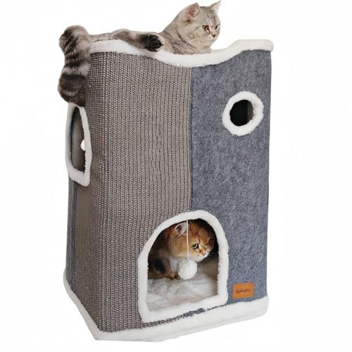 Spindro Katzenhöhle Katzenbett große, Katzenhaus Indoor Katzen schlafplatz mit abnehmbarem Sherpa Katzenkissen und hängendem Spielzeug, Katzen Bettchen, hellgrau 42x32x60cm