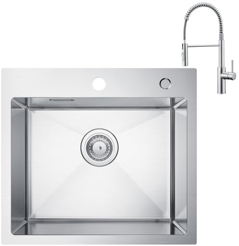 CECIPA 50x45cm Evier Cuisine 1 Bac en Inox avec Robinet Cuisine Douchette Ressort Spirale