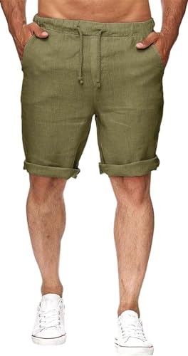 Runcati Bermuda Homme Coton Lin D'été avec Poches Short, Vert, M
