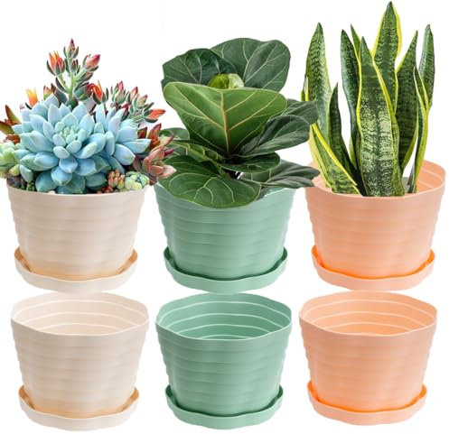 BSTMOME Lot de 6 pots de fleurs en plastique coloré de style nordique avec support de base pour plantes grasses, fleurs, herbes, cactus, décoration intérieur/extérieur (grande taille – 15,5 x 11,5 cm)