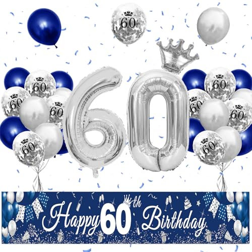 XIEXIESHER 60. Geburtstag Deko, Blau Silber Luftballons & Banner, Partydeko mit Kronenballon & 24 Ballons, für Männer & Frauen, 60. Geburtstag Mann & Frau