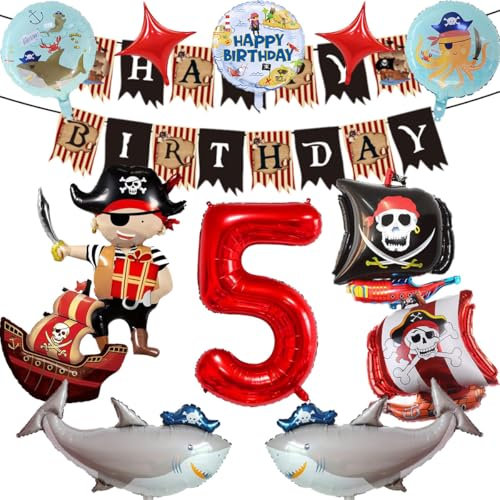 Piraten Geburtstagsdeko, 5 Jahre Kindergeburtstag Piraten Deko, Piratenschiff Hai Folienballon, Geburtstag Banner, Kindergeburtstag Piratenparty Dekoration (5)