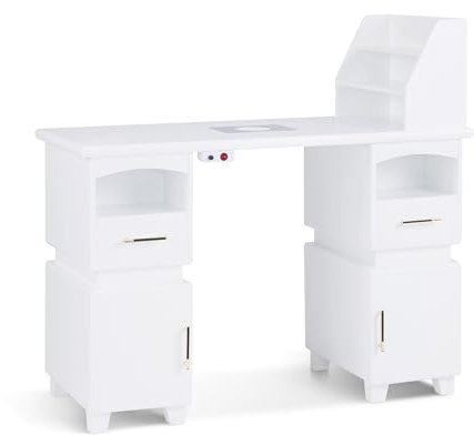 Barberpub Manikürtisch mit 2 Schubladen, Nageltisch mit Absaugung Weiß, Nagelfrisiertisch aus Holz, 4 Schrank, Regal, 2 Staubsaugerbeutel, Schreibtisch für Nagelstudio, 55x120x112,5cm, 2456