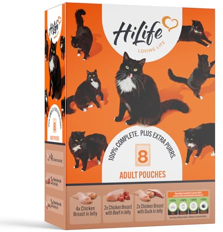 HiLife Adult Wet Cat Food, Mixed Chicken Recipes in Jelly, Complete Cat Food Pouches, 100% Natural & Grain Free, Chicken Breast / with Duck / with Beef (8 x 70g Pouches)