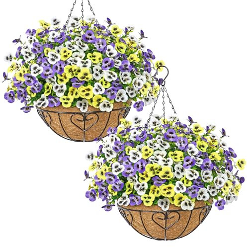 MEIVINES Artificial Hanging Basket 2PCS Multicolore Silk Flowers Fake Flowers DIY Chain Hanging Baskets Plastic Flower Hanging Basket Faux Plants Baskets for Outdoor Garden Wedding Decor