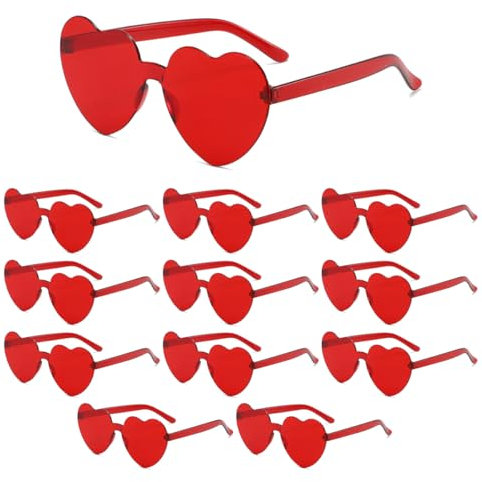 12 Stück Herz Sonnenbrille Rot, Partybrille Herz Randlose Sonnenbrille, Hippie Herzförmige Brille, Transparente Candy Color Sonnenbrille, Party Brille, Herzbrillen für Geburtstagsfeier, Fasching