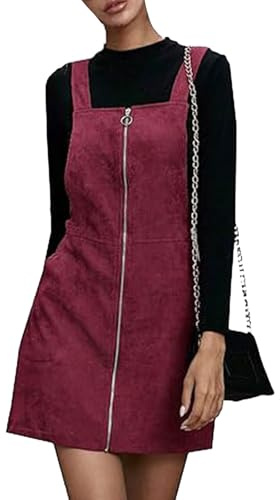 Latzkleid Damen Cord Minikleid Verstellbares Hosenträger Latzrock Cord Elegant Frühlingskleid Kurz Latzkleid Frauen mit Reissverschluss und Taschen Overallkleid Quadratischer Kragen A Linie