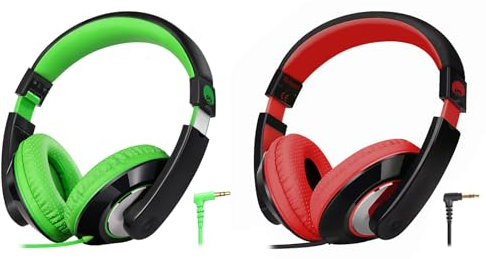 Rockpapa Comfort Kids Headphones for School, Lightweight Childrens Boys Girls Teens Over-Ear Headphones Wired 3.5mm for CD DVD Player Tablet Phone Travel Black/Green+Black/Red