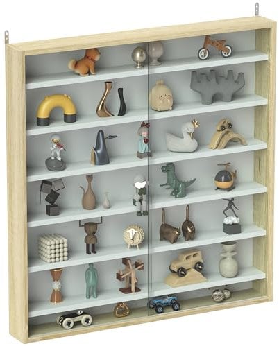 HOMCOM 7-Tier Wall Mounted Display Cabinet, Display Case with 6 Adjustable Shelves, Glass Doors for Home Office Ornaments 83x80cm, Oak
