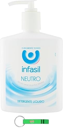 12 x Infasil, sapone neutro, sapone liquido, sapone per le mani per la pulizia quotidiana, formula con glicerina naturale, adatto per pelli sensibili da 300 ml + portachiavi Beni Culinari gratuito