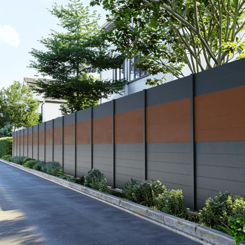 DECKLINEA Kit Clôture Aluminium BAHIA & CRUZ Teck 12,85x1,8m - Aluminium et bois composite - Poteaux sur Platines gris - Brise vue - Palissade
