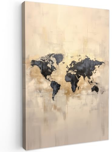 MuchoWow© Bild auf Leinwand Schlafzimmer Bilder Badezimmer Wand Deko | 60x90 cm - Wohnzimmer Modern Wanddeko Bilderwand Geschenk Weltkarte - Gold - Schwarz - Abstrakt