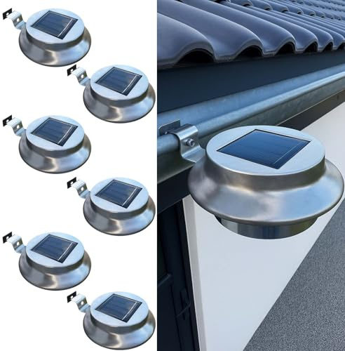 BURI Solar Edelstahl Dachrinnenleuchten 6er Set | Außenleuchte LED Warmweiß | Solarleuchten wetterfest IP44 | Gartenbeleuchtung kabellos mit Dämmerungssensor