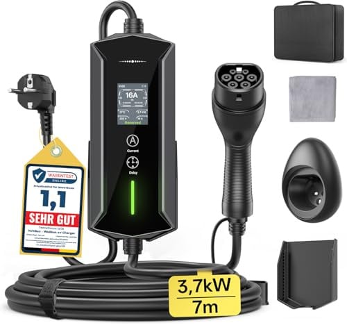 Typ 2 Ladekabel Schuko 3,7kW 7M 6-16A, Tragbare EV Chargers Ladekabel Auto | 1-Phasig Ladekabel e Auto, Einstellbare Leistung & Zeit, IP65 Wasserdicht, LCD-Anzeige, Wallbox für Allen Gängigen EV & PHEVS