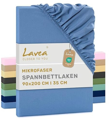 Lavea® 1er Set Spannbettlaken 90x200 cm - Himmelblau | Mikrofaser, Bettlaken mit Rundumgummi, für Matratzen bis 20 cm, atmungsaktiv und kühlend, pflegeleicht, Spannbetttücher