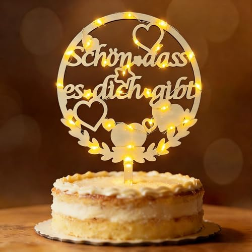 Seutgjie Cake Topper Schön dass es Dich Gibt Tortendeko mit LED Licht | Kuchen Deko Blumenstecker Holz für Frauen Freundin Geburtstag Hochzeit Jahrstag