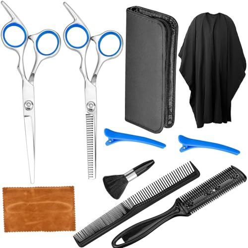FEIGO Friseurschere Set, Professionelle Haarschneideschere, 10 Stück Haarschere mit Friseurumhang, Effilierscheren für Damen Herren Kinder, Haarschne Schere für Familie Friseursalon