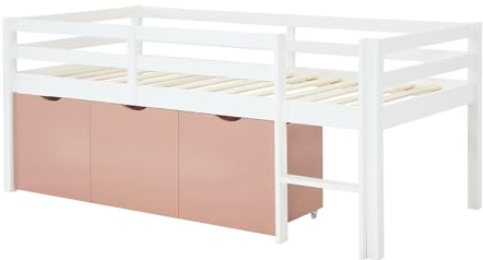 Vente-unique - Lit mi-Hauteur 90 x 190 cm avec Rangement - Pin et MDF - Blanc et Rose - LANIORI