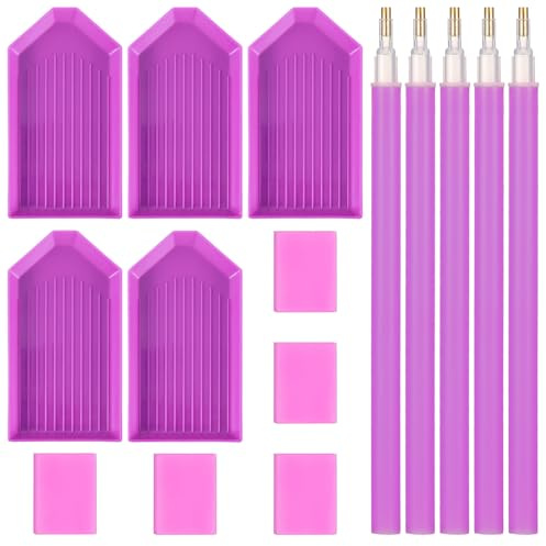 Ymapinc 15Pcs Diamond Art Pens Tools with 5 Drill Pen, 5 Tray, Glue Clay | Diamond Dot Pen, Rhinestone Picker Painting Tool Kit Accessories for Kids Adults DIY Crafts, Purple