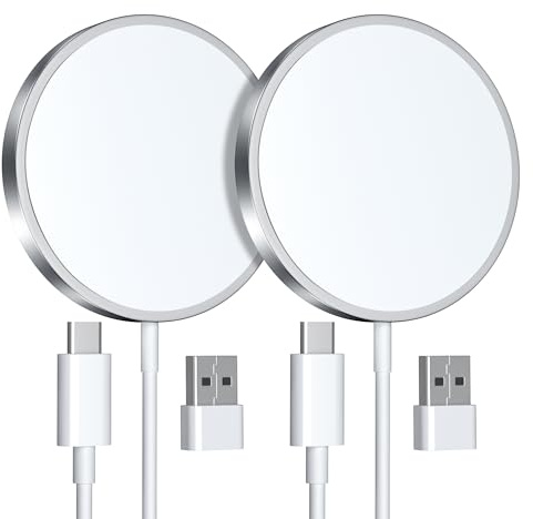 Caricatore Wireless per iPhone, 15W Caricabatterie Mag-Safe con Ricarica Rapida, Portatile Senza Fili Magnetico Charger compatibile iPhone17/16/15/14/13/12 e Airpods 2/3/Pro/Pro2 (Pezzi 2, Bianco)