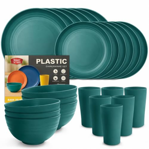 Teivio 24-Piece Kitchen Reusable Round Plastic Dinner Set, Service for 6, Dinner Plate, Dessert Plate, Cereal Bowl, Cup, Unbreakable Plastic Plates and Bowls Set, Outdoor Camping Dishes, Dark Green
