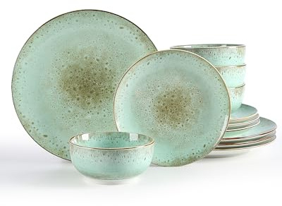 Sweejar Home Dinnerware Sets Service for 4, 12 pcs Porcelain Plates and Bowls for Kitchen, Housewaring Gift, Chip and Scratch Resistant Dish Set, Dishwasher and Microwave Safe Plate Set, Green