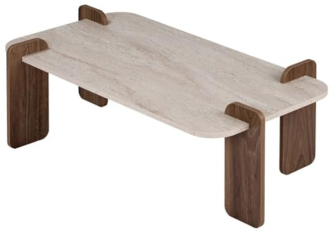 Hanah Home Stilvoller Couchtisch, 120 cm x 60 cm x 35 cm | 100% melaminbeschichtete Spanplatte, werkzeuglose Montage | Elegante Travertin- und Walnuss-Optik