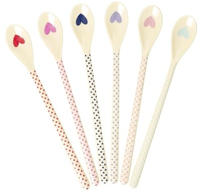 RICE Melamin lange Latte Löffel Set (6 Stück) – Heart Print/Herz, BPA-frei | spülmaschinengeeignet