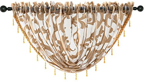 NAPEARL Swags for Windows-Jacquard Voile Swags for Small Windows kitchen Bathroom, Rod Pocket Sheer Curtain Valance with Beads, 1 Panel, (Wide 57 In x Long 37 In, Beige)