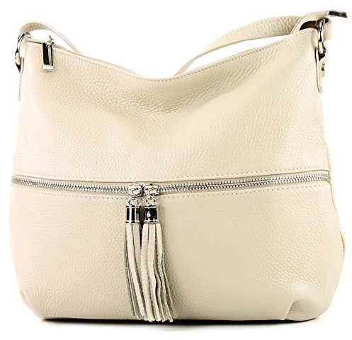 modamoda de T159 Damen Leder Umhängetasche Schultertasche Medium handmade in Italy, Farbe:Cremebeige
