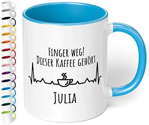 True Statements Tasse Finger weg Dieser Kaffee gehört Wunschname personalisiert - personalisierte Kaffeetasse mit Wunsch-Name - spülmaschinenfest - tolles Geschenk zu Weihnachten, für Büro - hellblau