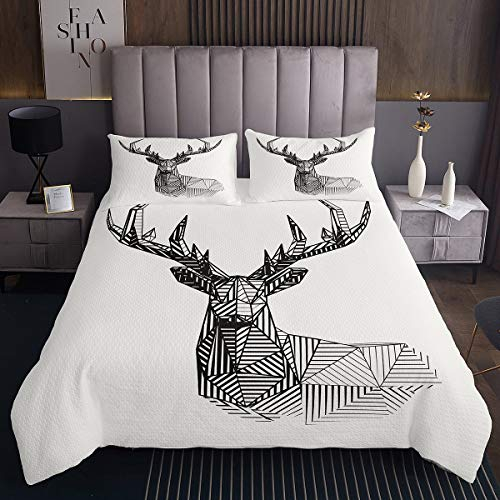 3D Hirsch Drucken Tagesdecke 220x240cm Wildtier Thema Steppdecke Geometrisch Dekor Bettüberwurf Tierwelt Stil Schwarz Weiß Mit 2 Kissenbezug 3St