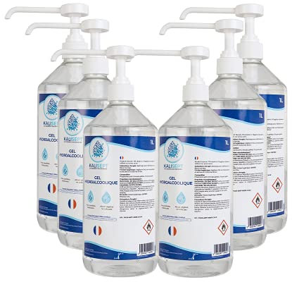 KALISEPT - Gel Hydroalcoolique Bactéricide Fongicide Virucide - Alcool végétal - 6 X 1L Gel Désinfectant, Ne Colle Pas