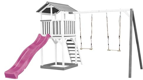 AXI Beach Tower Spielturm aus Holz in Weiß & Grau | Spielhaus für Kinder mit lila Rutsche, Doppelschaukel und Sandkasten | Stelzenhaus für den Garten