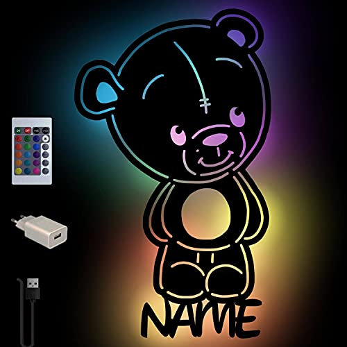 Teddy-Bär Farbwechsel Wand-Lampe Nachtlicht Baby-Geschenke mit Namen Schlummerlicht Holz Licht für Kinder I USB + Fernbedienung