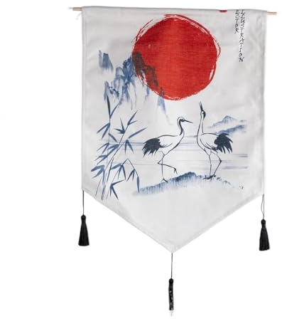 lachineuse - Panneau Mural Japonais Grues - Décoration Japonaise Zen à Suspendre - 56 x 44 cm - Tableau Japonais Traditionnel Mur Panneau - Coloris Rouge, Blanc - Idée Cadeau Japon Asie