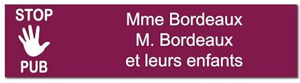 Plaque gravée pour nom boîte aux lettres STOP PUB autocollante 10x2,5cm personnalisée 1 à 3 lignes Bordeaux