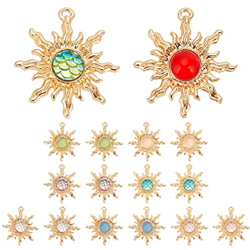 PandaHall Himmlische Sonne Charms - 9 Farben Kristall Sonne Anhänger, Sonnenfinsternis Baumeln Glas für Ohrring, Halskette, Armband, Schlüsselanhänger Schmuckherstellung - 18 Stück
