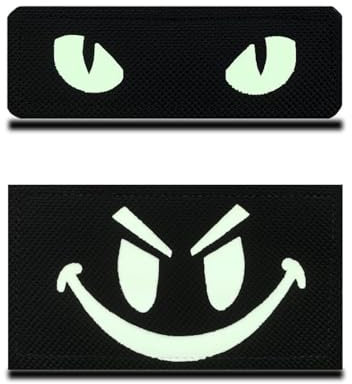 2 St. Reflektierend Schwarzes Lächelndes Gesicht und Katzenaugen Fun Patch Gestickt Applikationen für Kleidung Taschen Rucksack Uniform Weste Hundegeschirr Helm Militär Taktisch