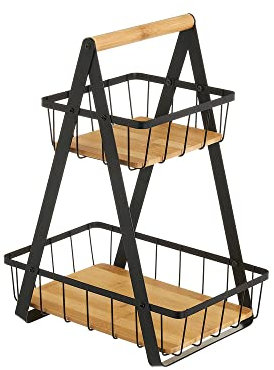 LOLAhome Frutero de 2 cestas negro de metal bambú natural de 30x20x40 cm
