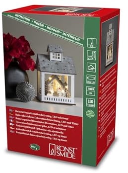 Konstsmide LED Holzsilhouette Haus und Markt, weiß, 6H Timer, 10 warm weiße Dioden, batteriebetrieben, Innen, 2 x AA 1.5V (exkl.) - 3278-210