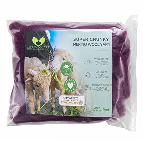 MeriWoolArt XXL Merino Wolle – 100% Schurwolle, Extra Dickes Filzgarn (4–5 cm) für Armstricken, Trocken- & Nassfilzen, Decken & Babydecken – Lila 25g