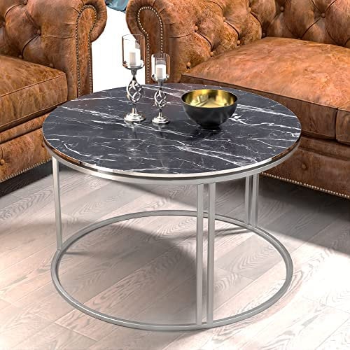 [en.casa] Couchtisch Aulum Beistelltisch 50 x 70 cm Kaffeetisch aus Spanplatte und Metall Sofatisch für Wohnzimmer Schlafzimmer Marmor, schwarz/Silber